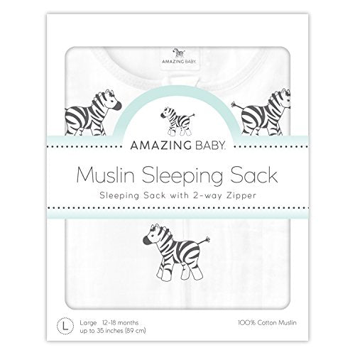 Amazing Baby Muslin Sleeping Sack with 2Way Zipper, Zebra, Black, Med