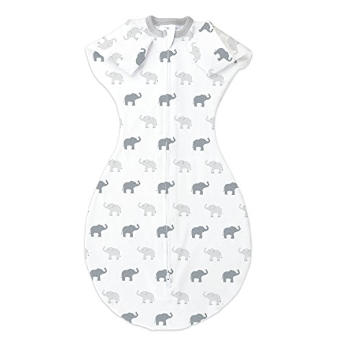 Amazing Baby Transitional Swaddle Sack with Arms Up Mitten Cuffs, Tiny Elephants, Sterling, Medium, 3-6 Months