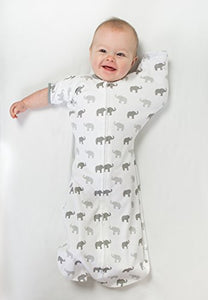 Amazing Baby Transitional Swaddle Sack with Arms Up Mitten Cuffs, Tiny Elephants, Sterling, Medium, 3-6 Months