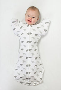 Amazing Baby Transitional Swaddle Sack with Arms Up Mitten Cuffs, Tiny Elephants, Sterling, Medium, 3-6 Months