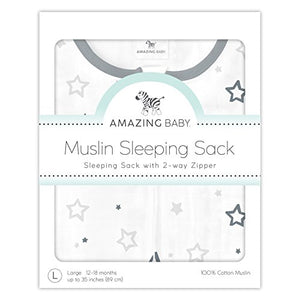 Amazing Baby Muslin Sleeping Sack with 2-Way Zipper, Stars, Sterling, Medium