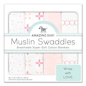Amazing Baby Muslin Swaddle Blankets, Set of 4, Premium Cotton, Springfield, Pink