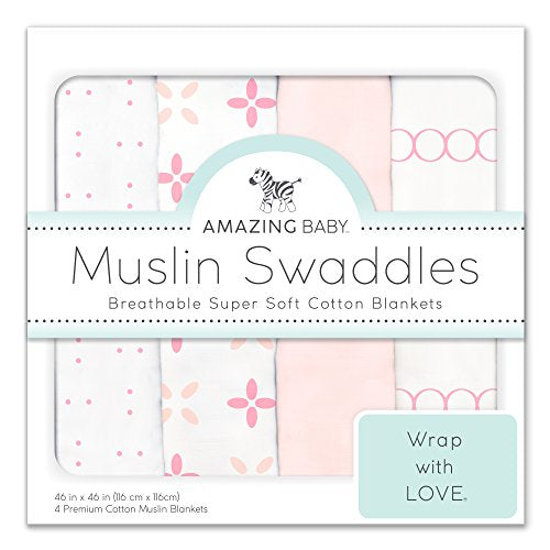 Amazing Baby Muslin Swaddle Blankets, Set of 4, Premium Cotton, Springfield, Pink