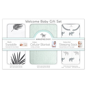 Amazing Baby Gift Set, 3-Piece Set, Cotton Sleeping Sack, Muslin Swaddle, Cellular Blanket, Sunwashed SeaCrystal