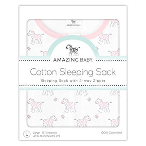 Amazing Baby Cotton Sleeping Sack with 2-Way Zipper, Tiny Zebra, Pastel Pink, Small