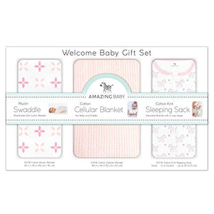 Amazing Baby Gift Set, 3-Piece Set, Cotton Sleeping Sack, Muslin Swaddle, Cellular Blanket, Sunwashed Pink