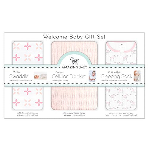 Amazing Baby Gift Set, 3-Piece Set, Cotton Sleeping Sack, Muslin Swaddle, Cellular Blanket, Sunwashed Pink