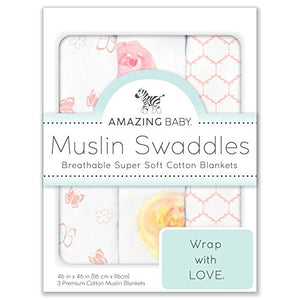 Amazing Baby Cotton Muslin Swaddle Blankets, Set of 3, Watercolor Roses, Pink