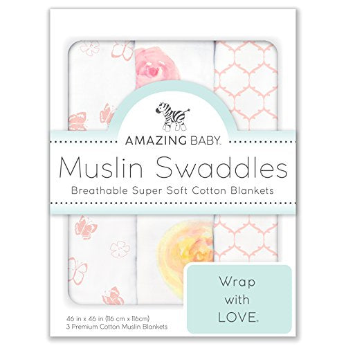 Amazing Baby Cotton Muslin Swaddle Blankets, Set of 3, Watercolor Roses, Pink